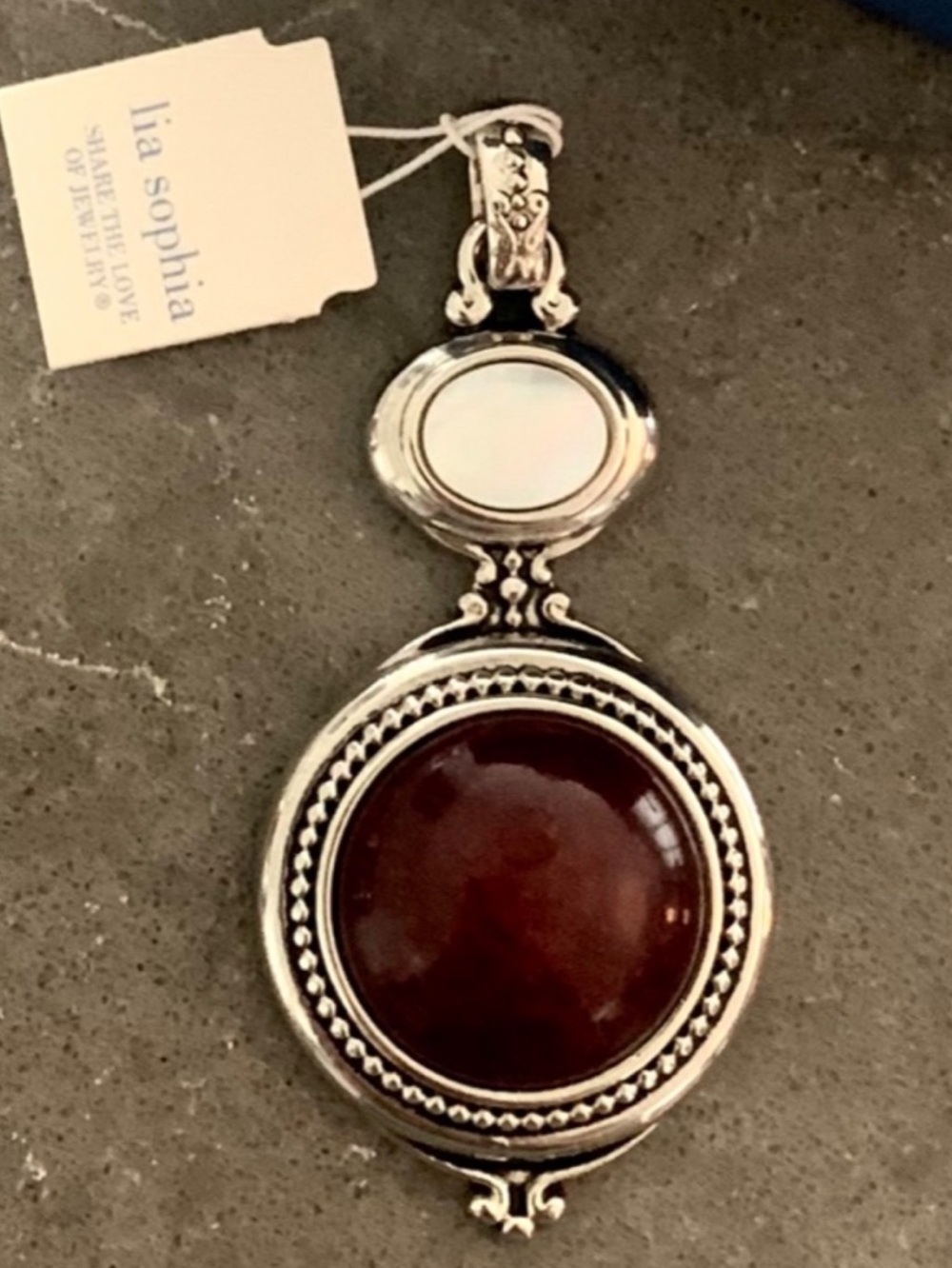 Lia Sophia NWT Lisa Slide Pendant Silver Tone Red Jasper Mother Of Pearl